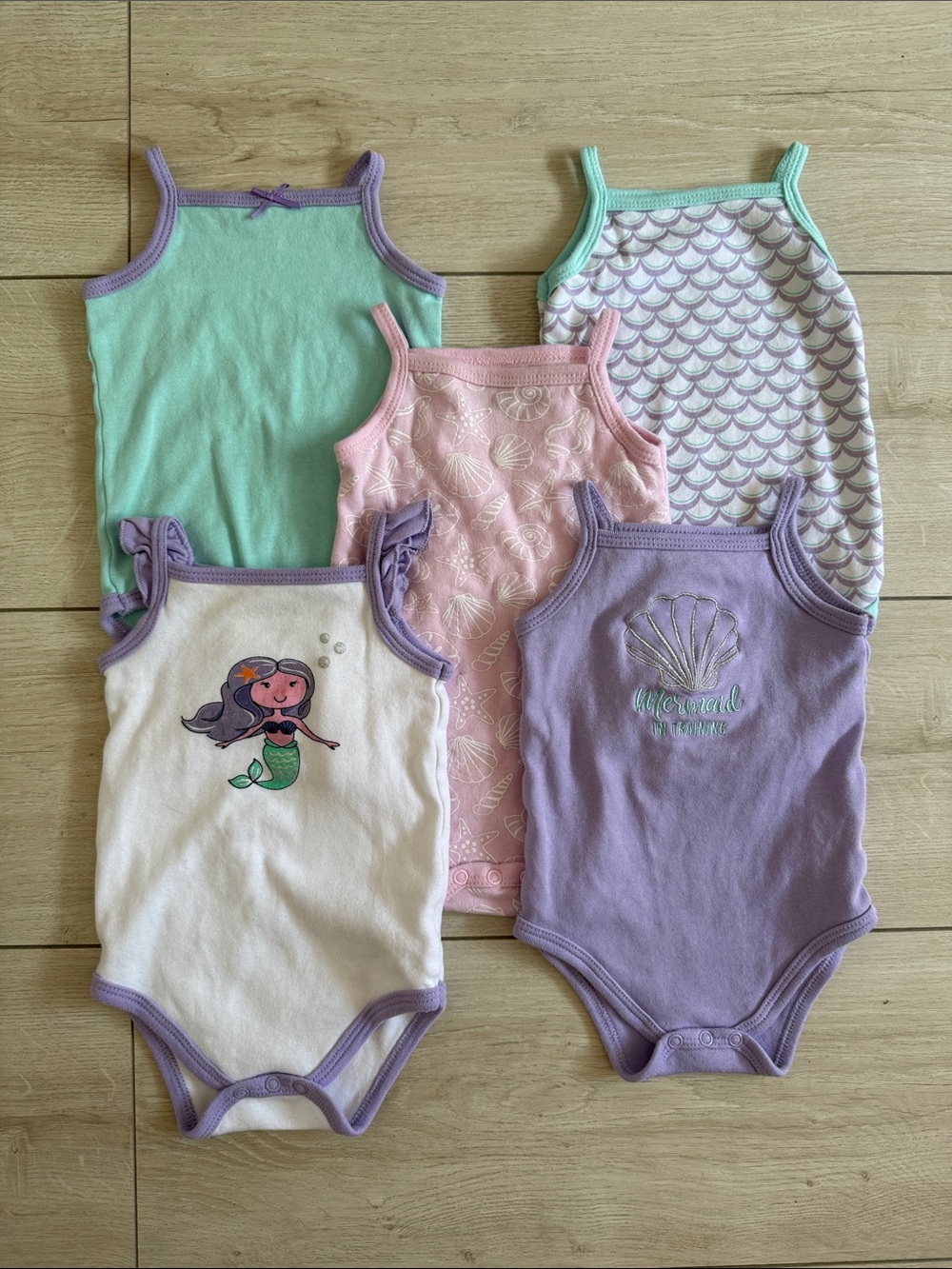 Girls Mermaid Themed Tank One-Piece Bodysuits - Mint, Pink, Lavender, White
